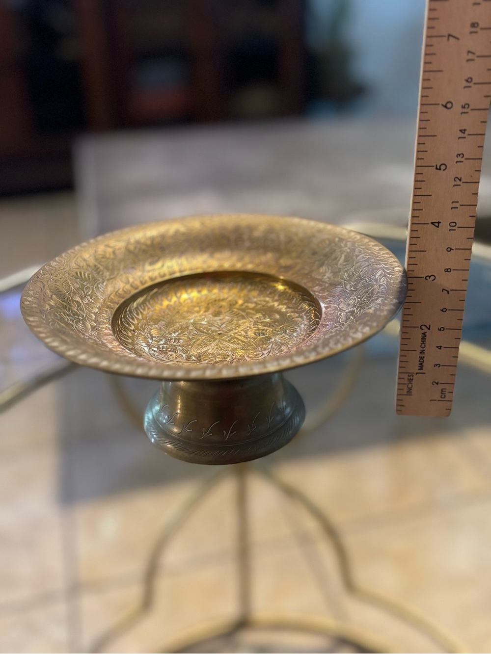 Decorative Engraved Brass Pedestal Dish - Gold Tone